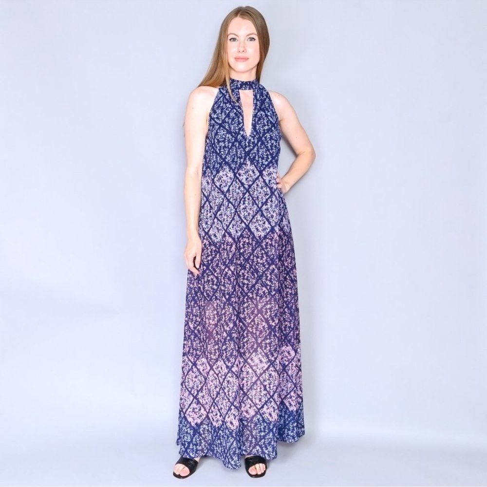 Anthropologie Erin Fetherston Blue and Purple Patterned Maxi Dress size 6. NWOT